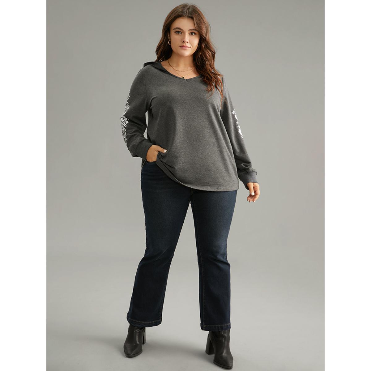 Plus Size Floral Print Hooded Rib Knit Sweatshirt Women DimGray Elegant Printed Hooded Dailywear Sweatshirts BloomChic 26/4X Product Image