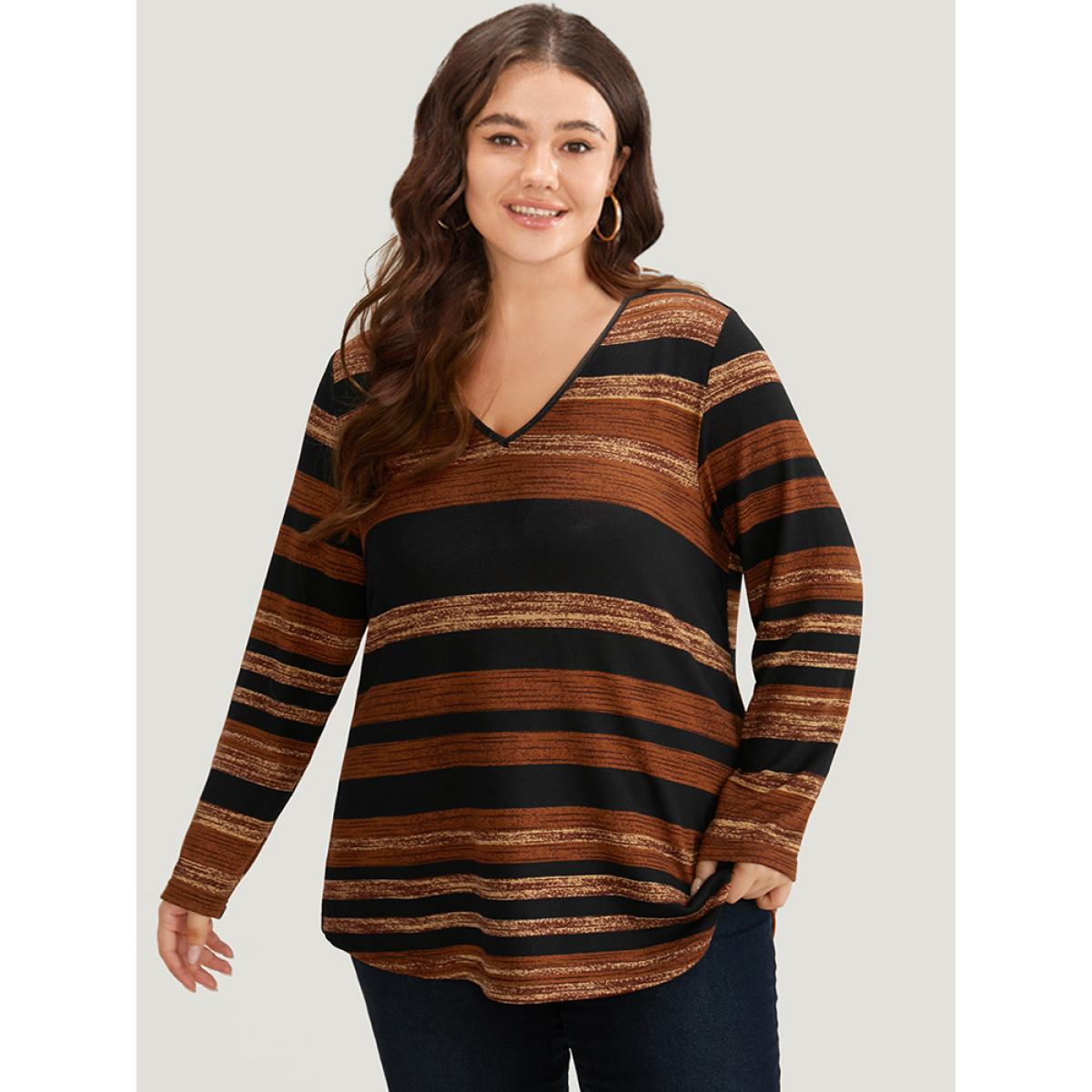Plus Size Striped Contrast V Neck T-shirt Multicolor Women Casual Printed Striped V-neck Dailywear T-shirts BloomChic 22-24/3X Product Image
