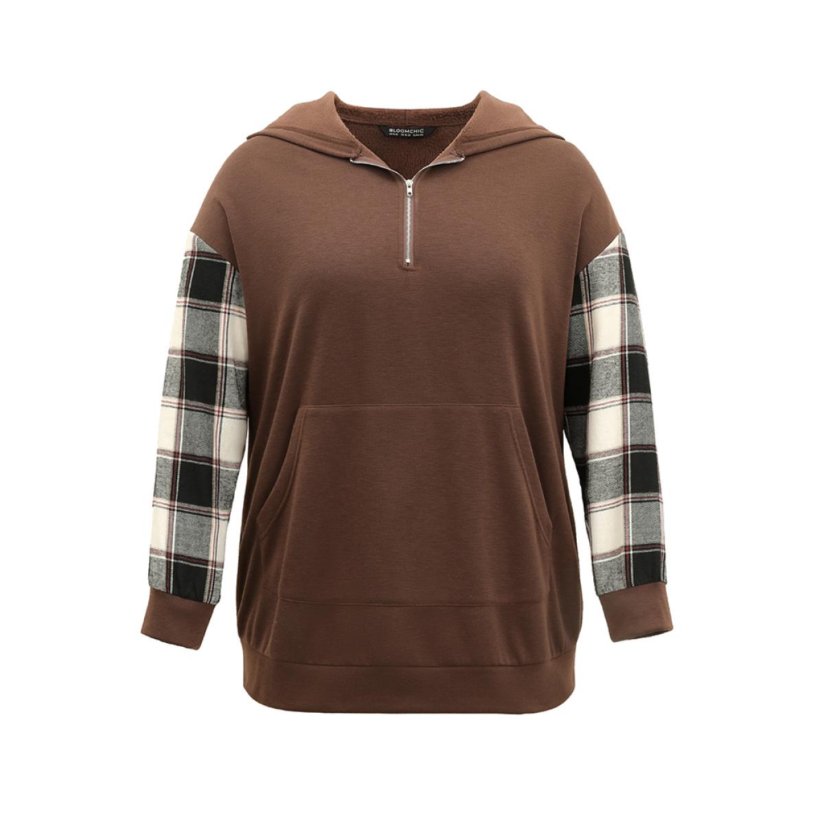 Plus Size Plaid Patchwork Half Zip Pocket Hooded Sweatshirt Women DarkBrown Casual Zipper Hooded Everyday Sweatshirts BloomChic 28/5X Product Image