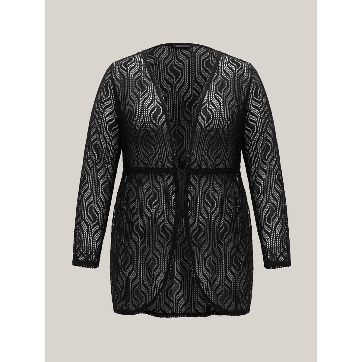 Plus Size Textured Sheer Drawstring Curved Kimono Women Black Elegant Texture Everyday Kimonos BloomChic 26/4X Product Image