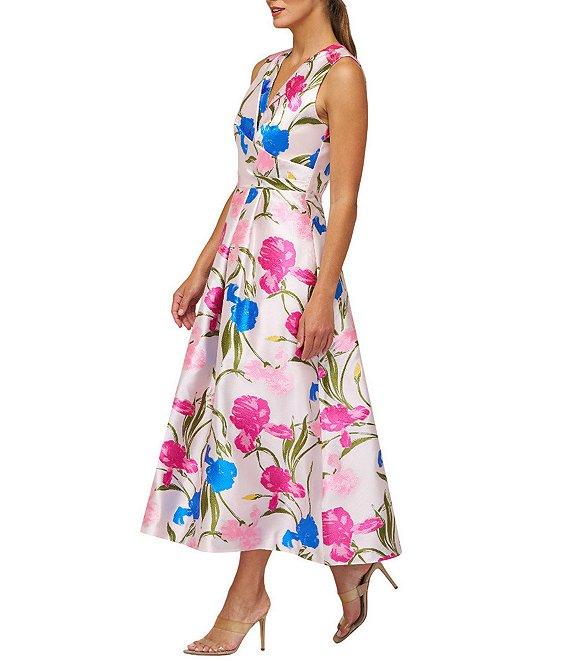 Kay Unger Payton Iris Jacquard Surplice V-Neck Sleeveless Pleated Floral Midi A-Line Gown Product Image