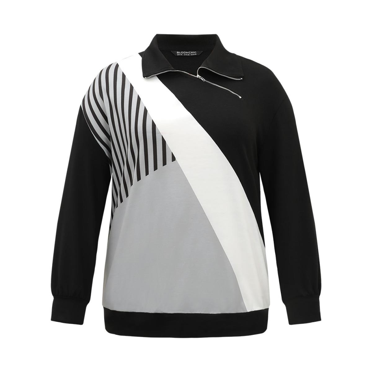 Plus Size Zipper Striped Contrast Polo Neck Sweatshirt Women Black Casual Contrast Polo Dailywear Sweatshirts BloomChic 28/5X Product Image