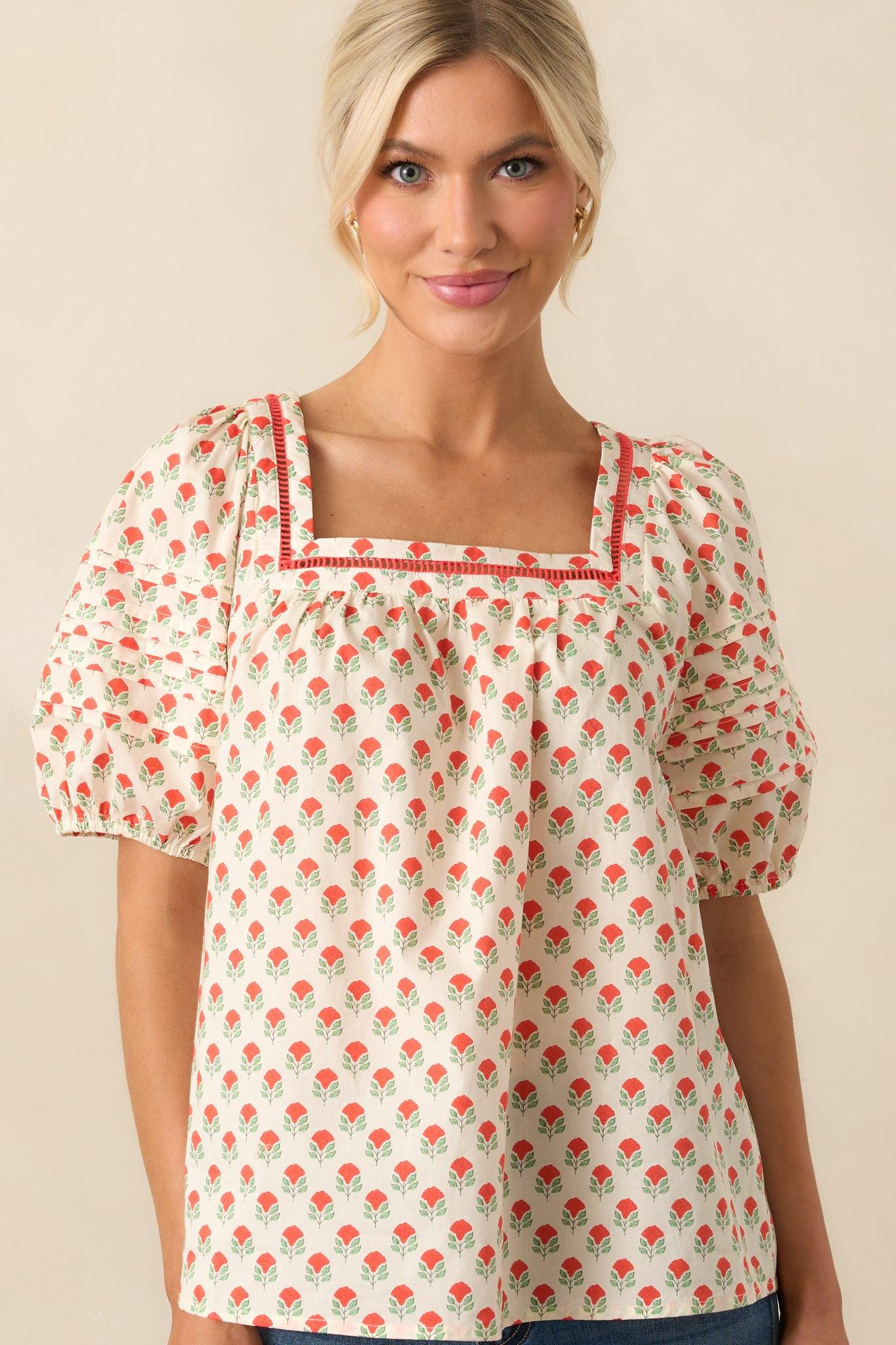 Right Where You Are Red Floral Cotton Puff Sleeve Top Product Image