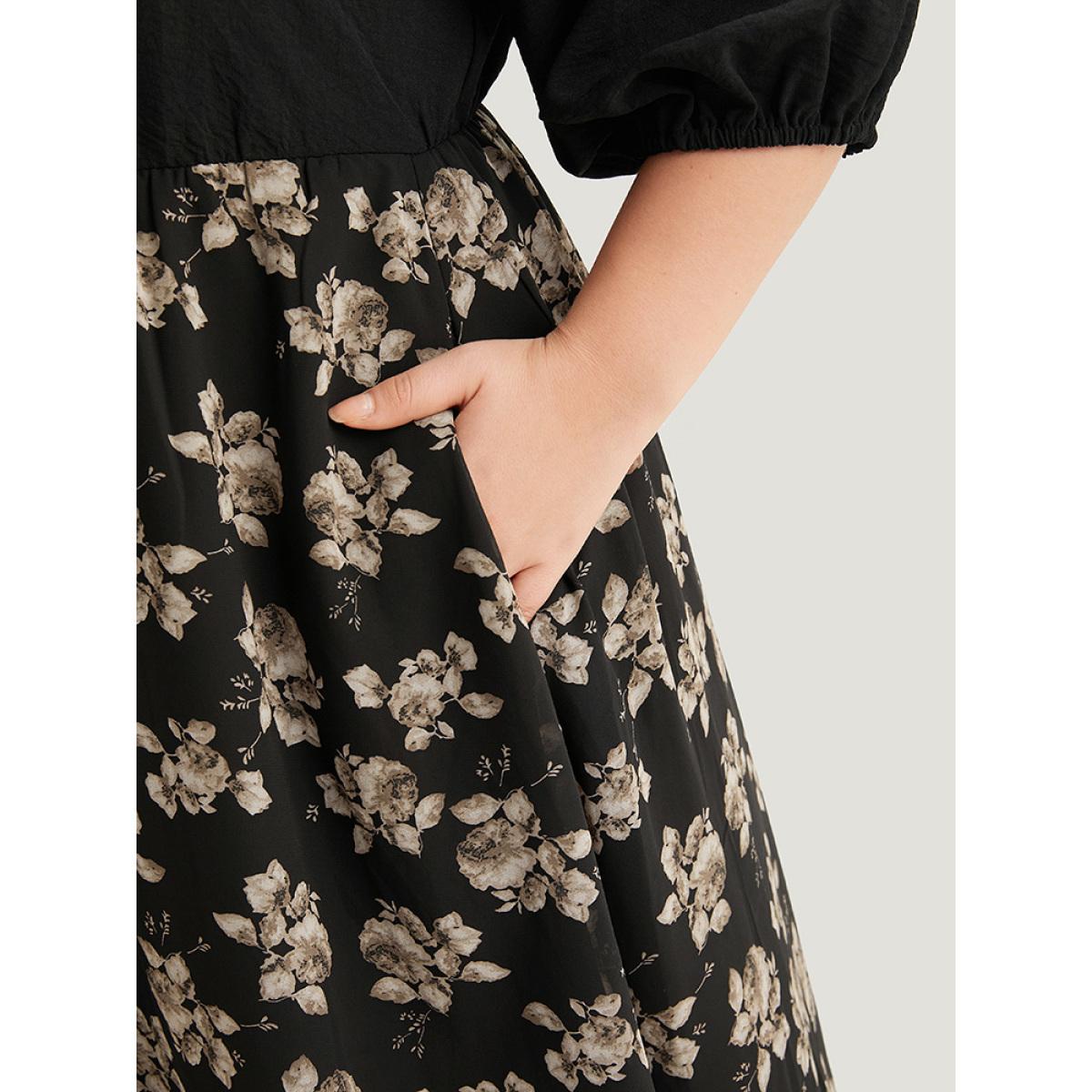 Plus Size Floral Print Patchwork Shirt Collar Dress Black Women Office Lined Shirt collar Half Sleeve Curvy Midi Dress BloomChic 12/L Product Image