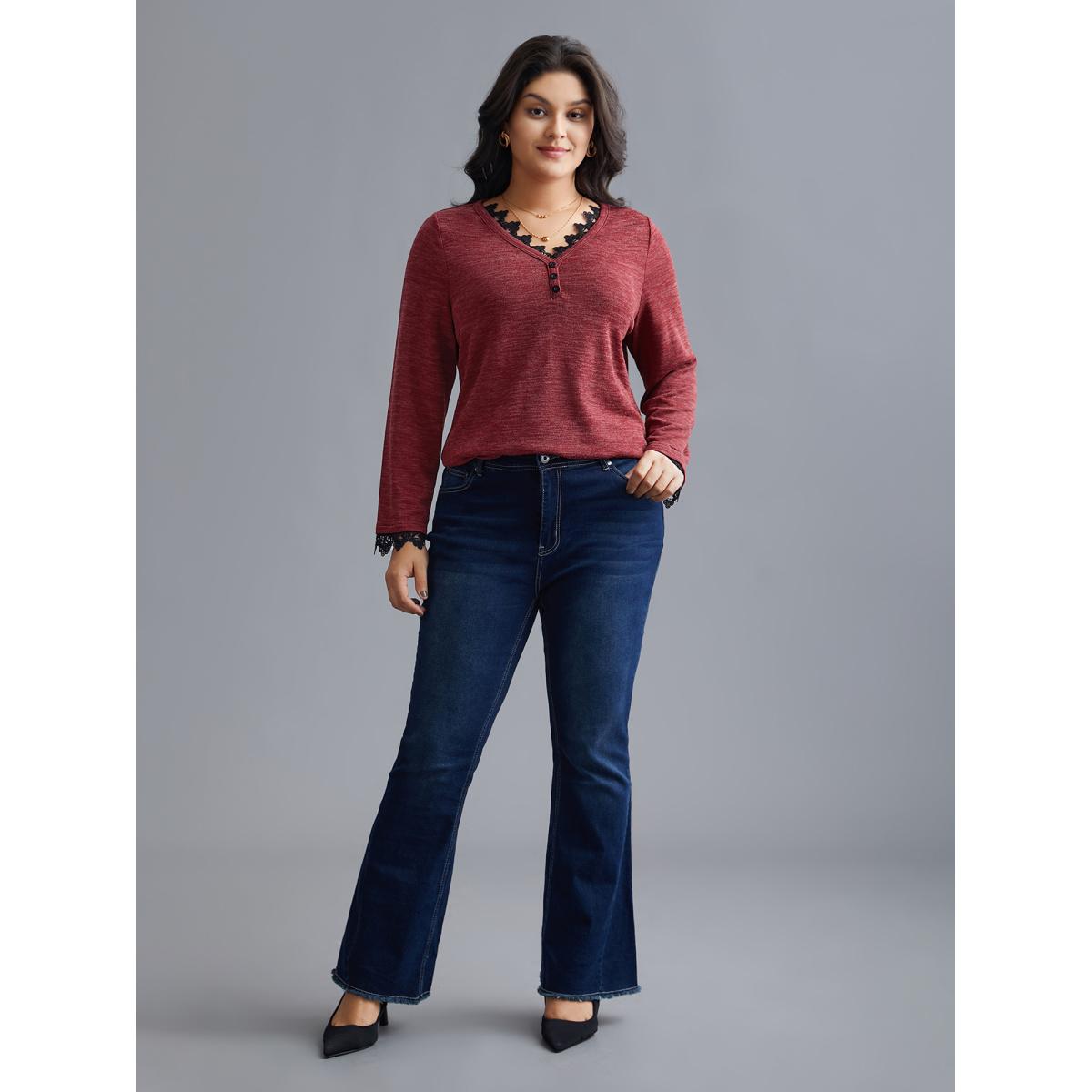 Plus Size V Neck Lace Trim Stitch Button Detail T-Shirt Deepred Women Elegant Woven ribbon&lace trim V-neck Everyday T-shirts BloomChic 14-16/1X Product Image