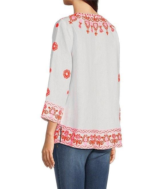 John Mark Embroidered Medallion Motif Split V-Neck 3/4 Sleeve Hi-Low Hem Tunic Product Image