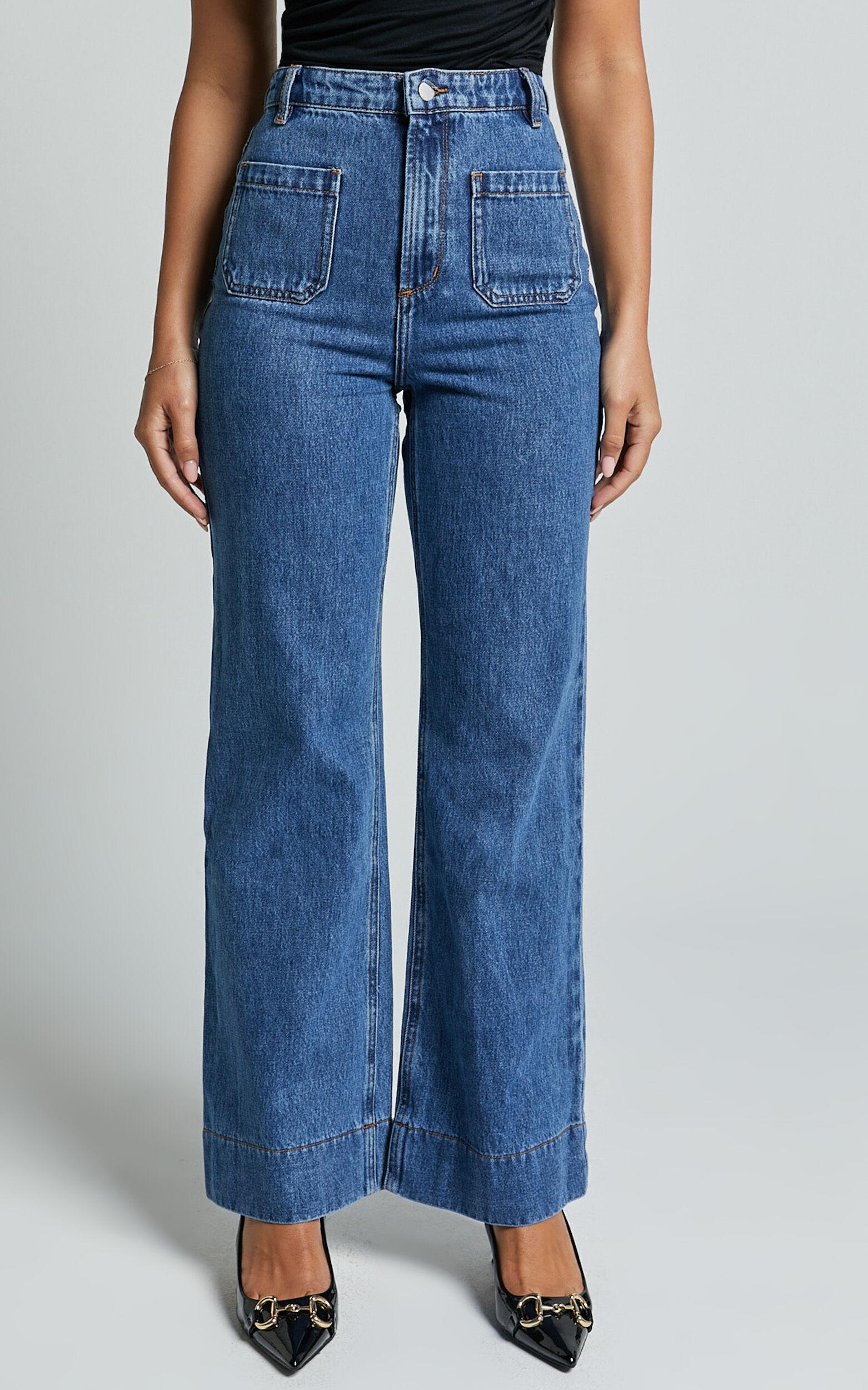 Vancouver Jeans - High Waist Straight Leg Patch Pocket Denim Jeans in Mid Blue Wash Product Image