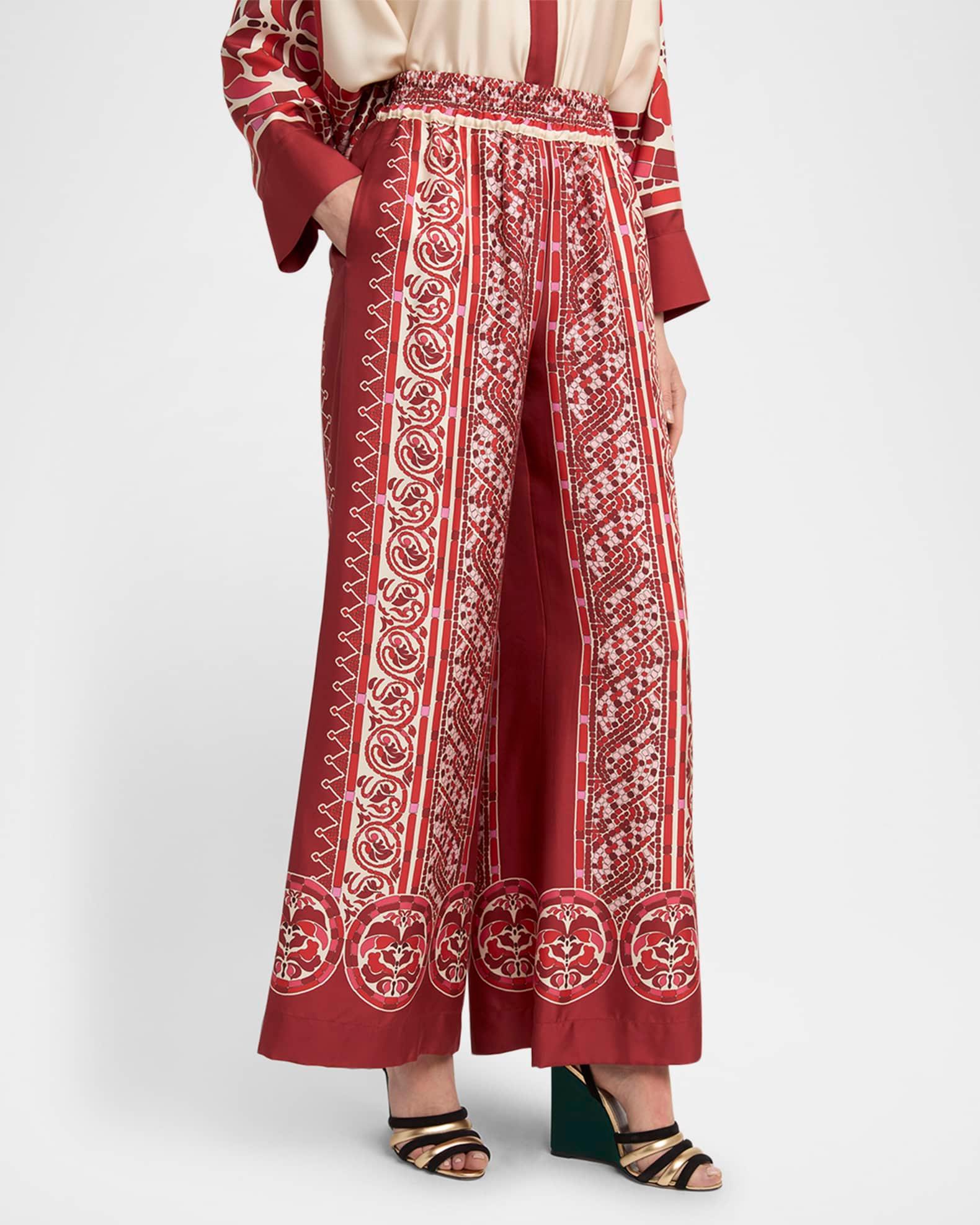 Tile-Print Silk Wide-Leg Pull-On Palazzo Pants Product Image