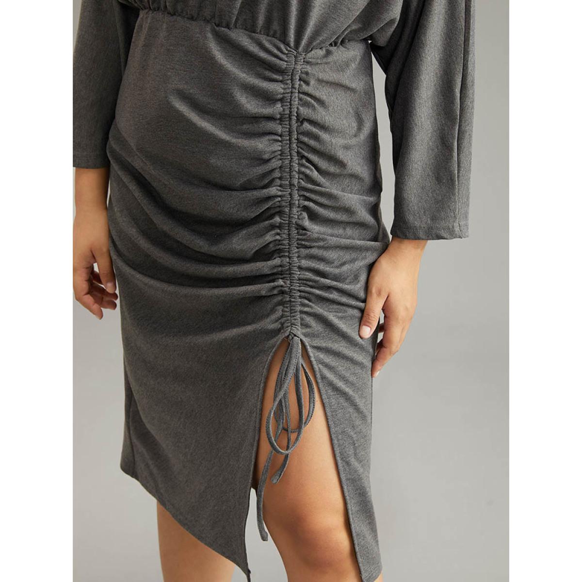 Plus Size Split Hem Drawstring Batwing Sleeve Dress DimGray Women Casual Plain Round Neck Elbow-length sleeve Curvy Midi Dress BloomChic 22-24/3X Product Image