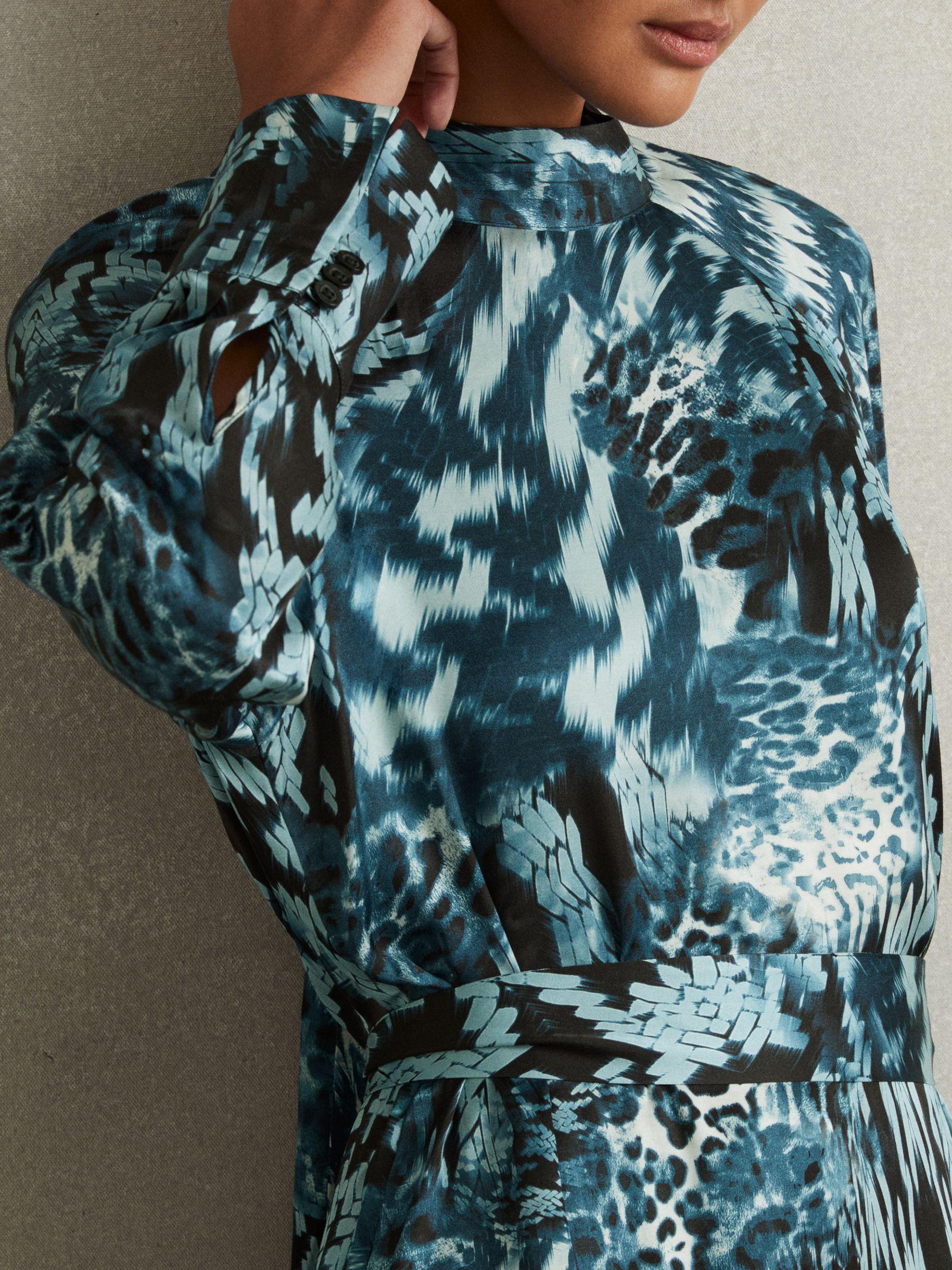 Ester Teal Printed Belted Tie Neck Mini Dress Product Image