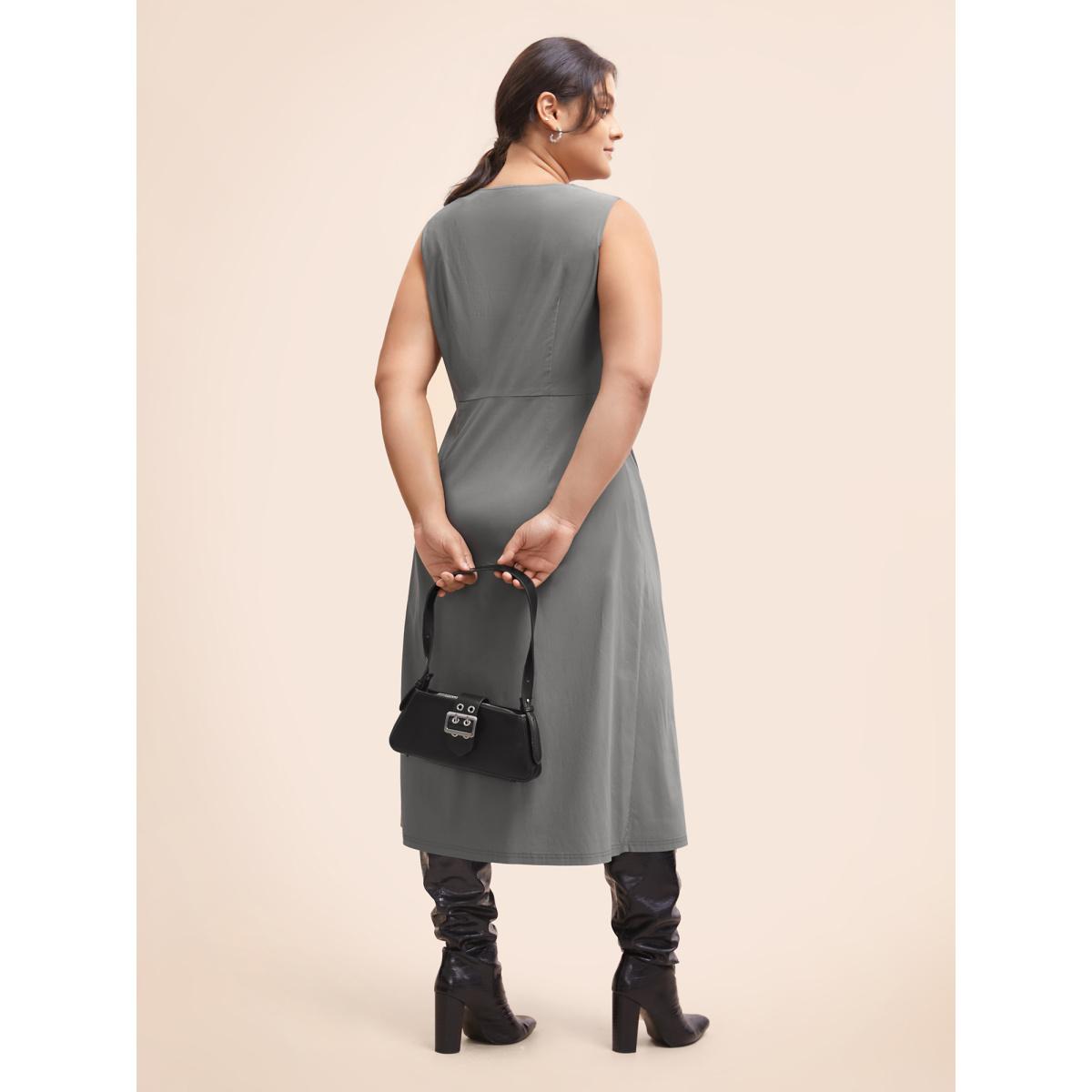 Plus Size Stretch Woven Crushed Pleated Midi Dress DimGray Women Workwear Essentials Twist Round Neck Sleeveless Curvy BloomChic 10/M Product Image