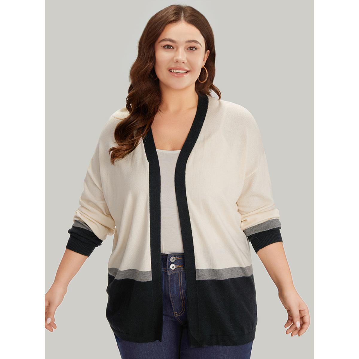 Plus Size Supersoft Essentials Colorblock Contrast Elastic Cuffs Cardigan Apricot Women Casual Loose Long Sleeve Office Cardigans BloomChic 12/L Product Image