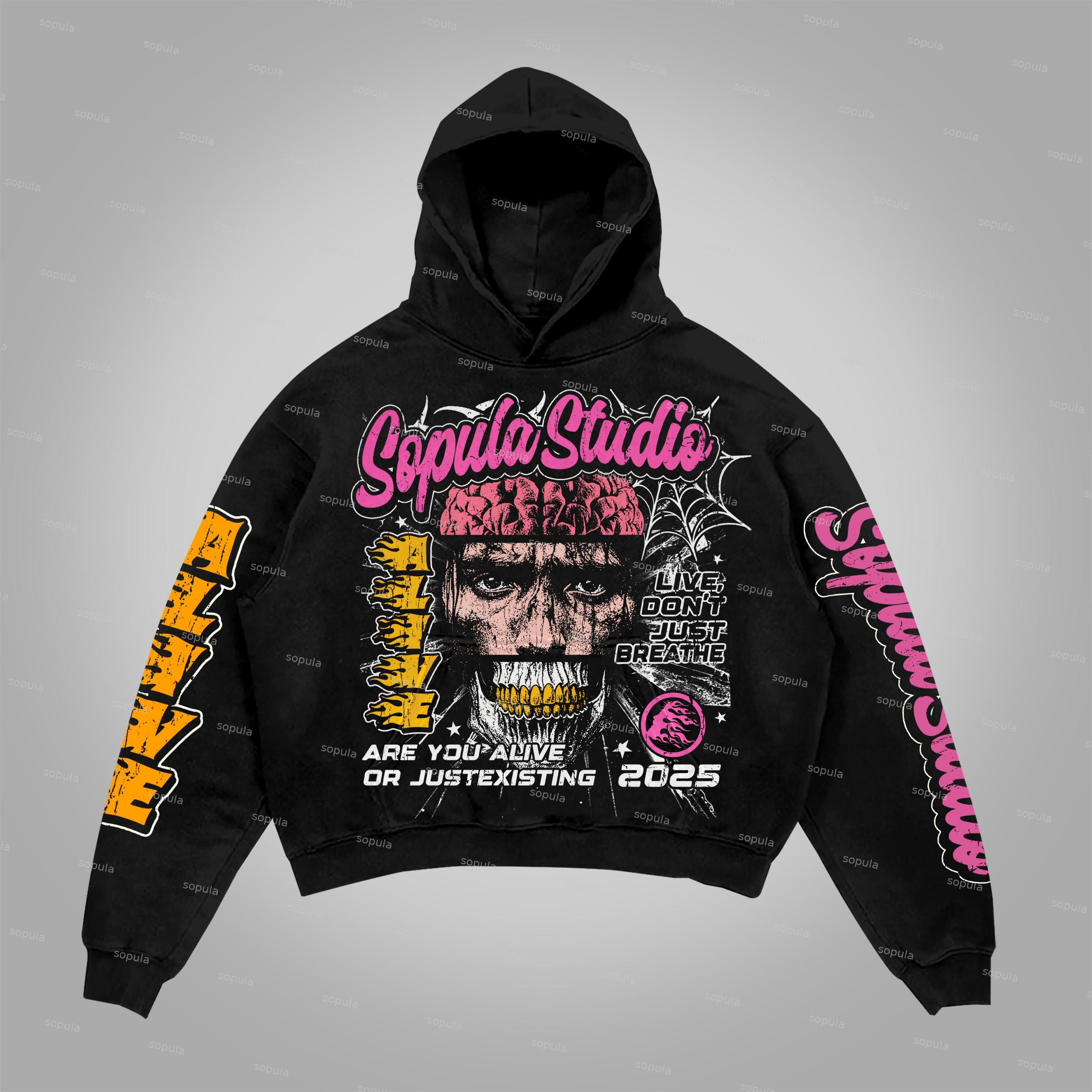 Sopula Are You Alive Or Just Existing Vintage Graphics Cotton Pocket Hoodie Product Image