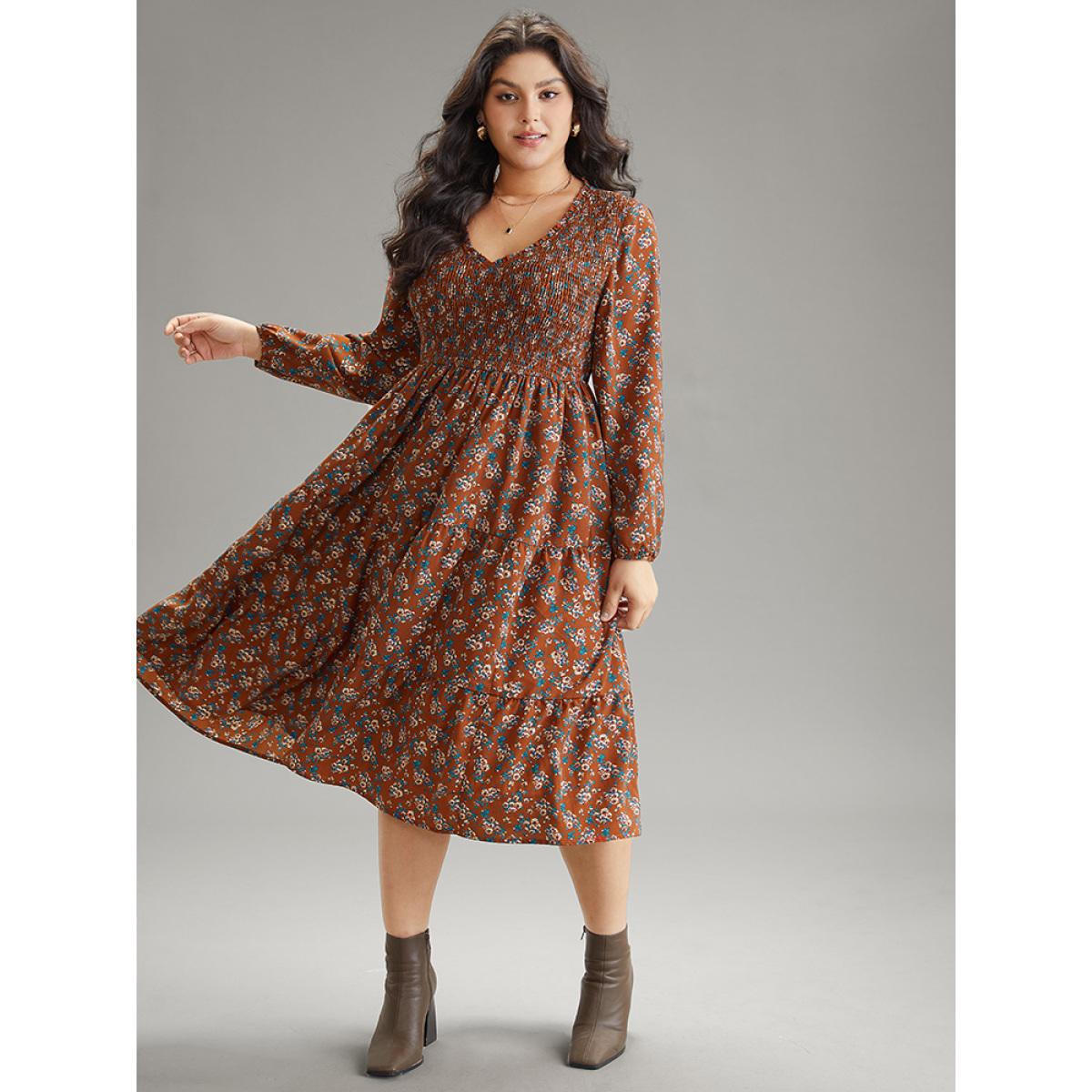Plus Size Ditsy Floral Shirred Flutter Layered Hem Dress Rust Women Elegant Elastic cuffs V-neck Long Sleeve Curvy Midi Dress BloomChic 18-20/2X Product Image
