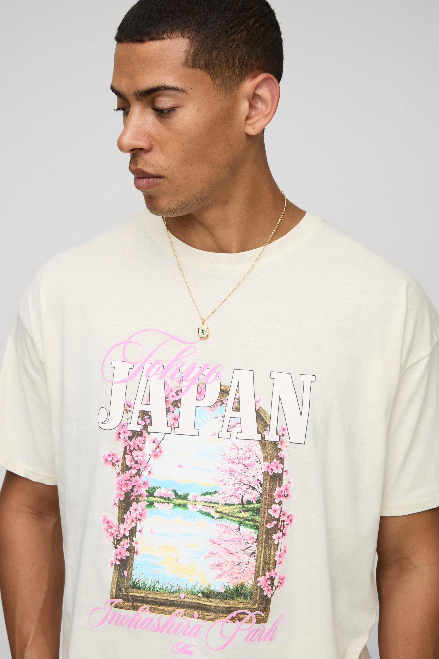 Ecru Oversized Cherry Blossom Landscape T-Shirt | boohooMAN USA Product Image