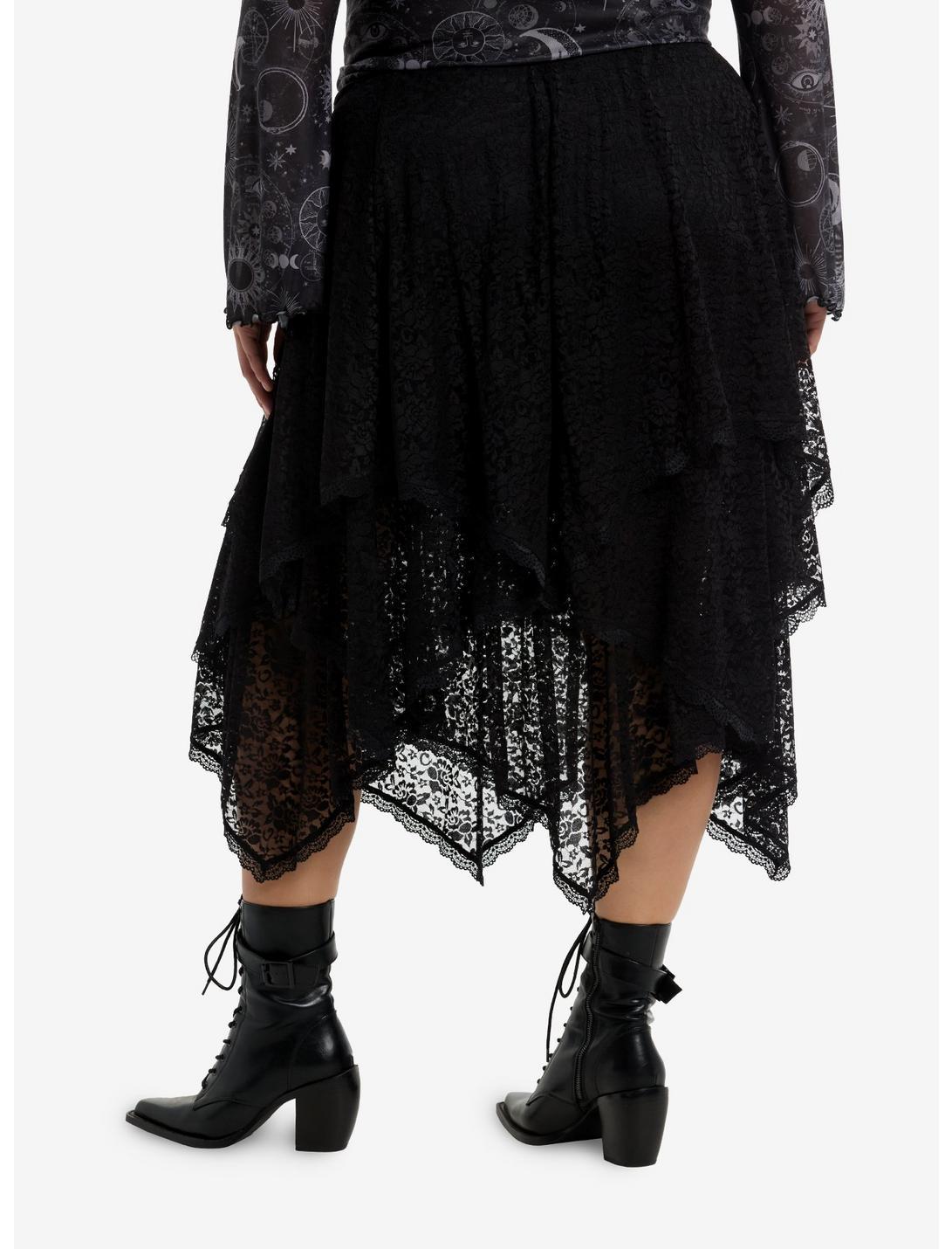 Cosmic Aura Black Lace Tiered Hanky Hem Midi Skirt Plus Size Product Image