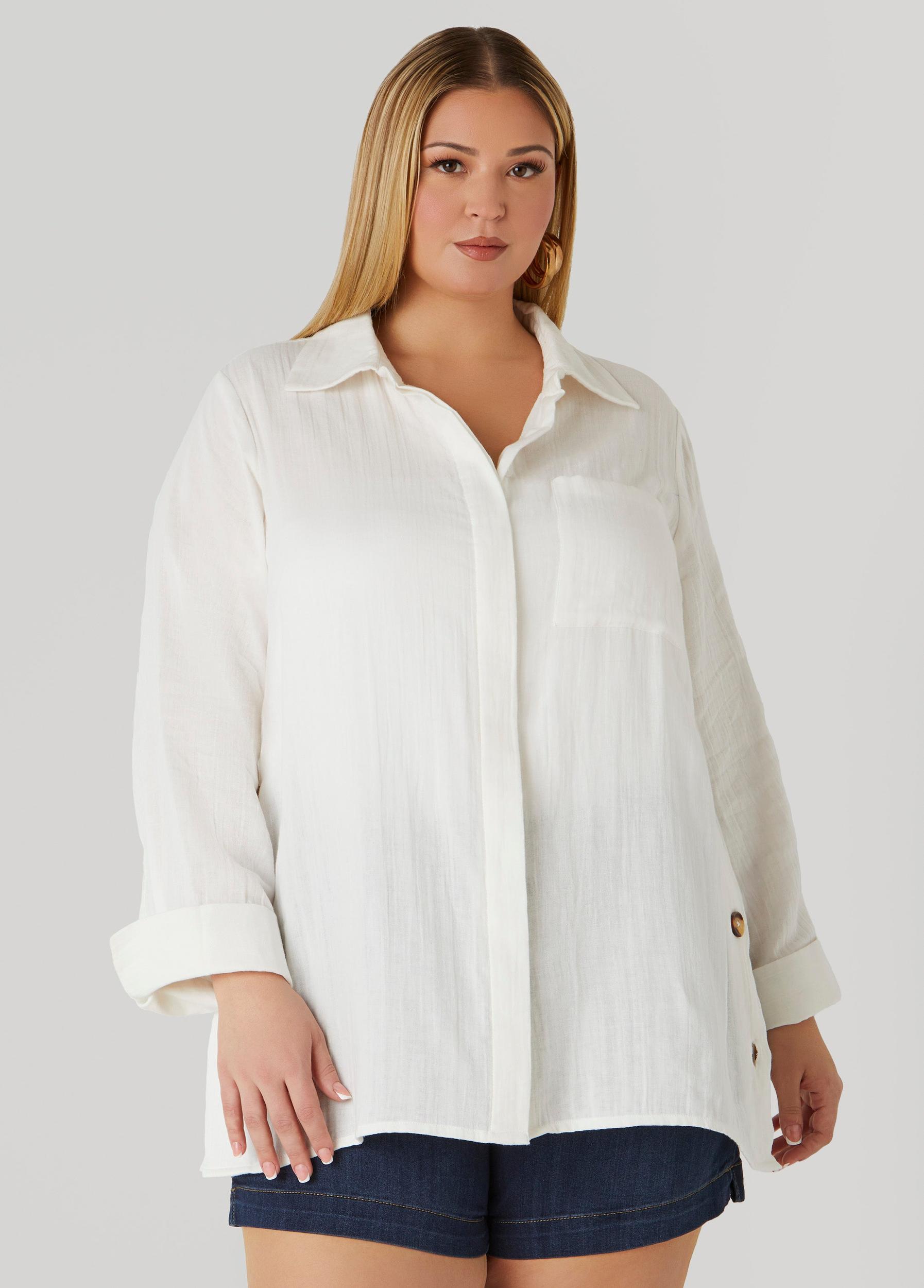 Plus Size Button Detailed Cotton Gauze Shirt Ashley Stewart Product Image