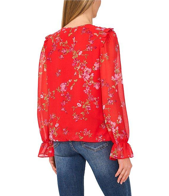 CeCe Woven Floral Print V-Neck Long Sleeve Tie Front Blouse Product Image