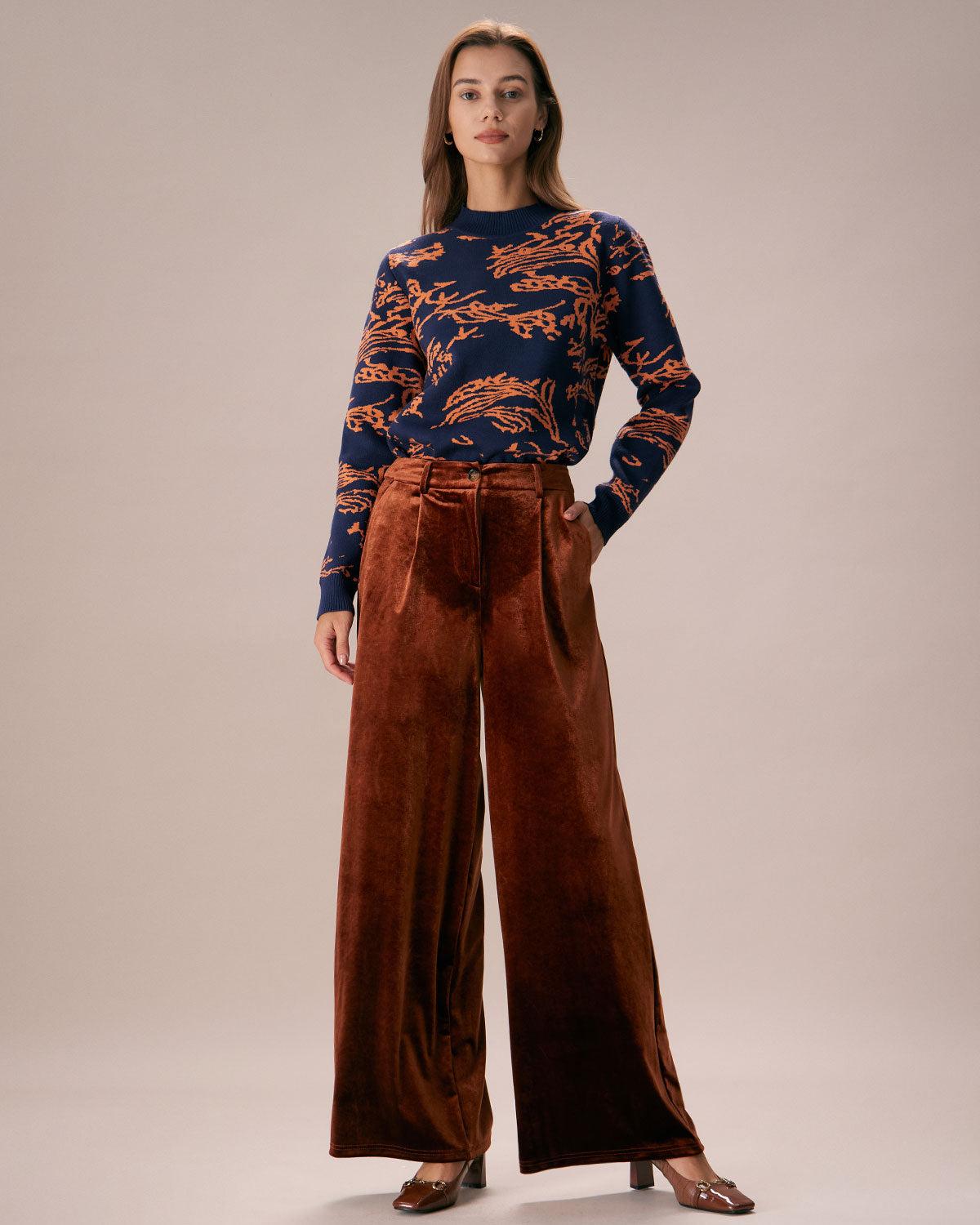 The Brown High Waisted Velvet Wide Leg Pants Product Image