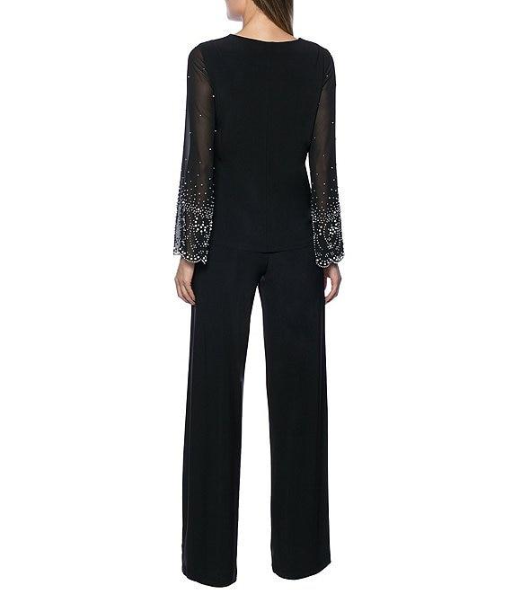 Marina Keyhole Rhinestone Neck Beaded Bell Long Sleeve Matte Jersey 2-Piece Pant Set Product Image