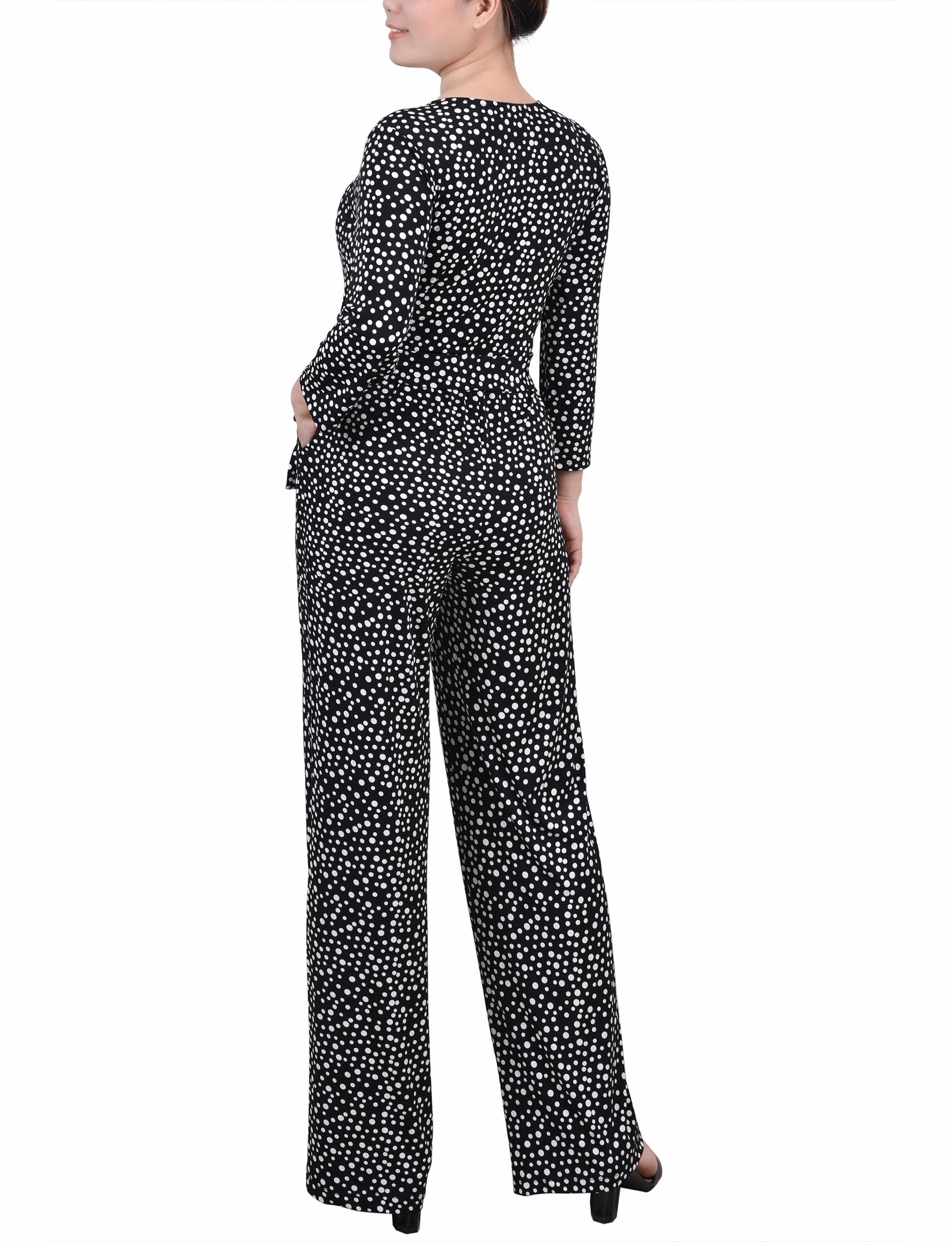 Black Spotted 3/4 Sleeve Belted Jumpsuit Product Image