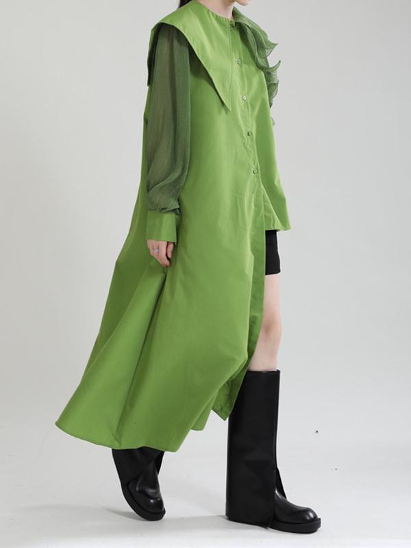 Long Sleeves Loose Asymmetric Pleated Solid Color Split-Joint Falbala Lapel Blouses&Shirts Tops Product Image