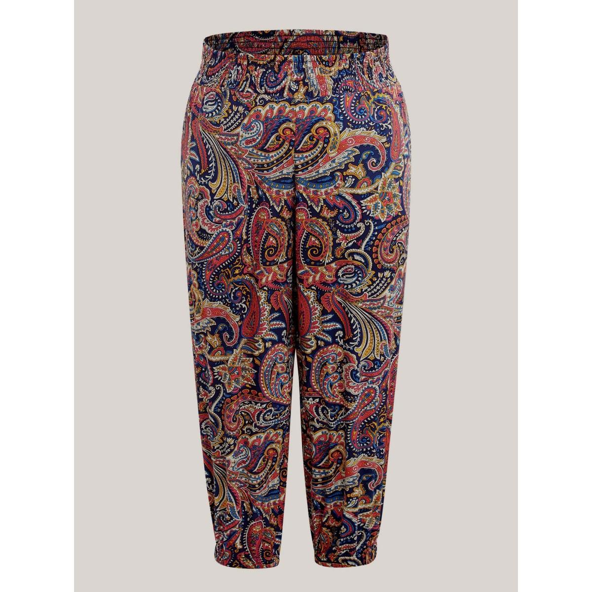 Plus Size Paisley Print Shirred Waist Jogger Pants Women Indigo Boho Bodycon Mid Rise Vacation Pants BloomChic 14-16/1X Product Image
