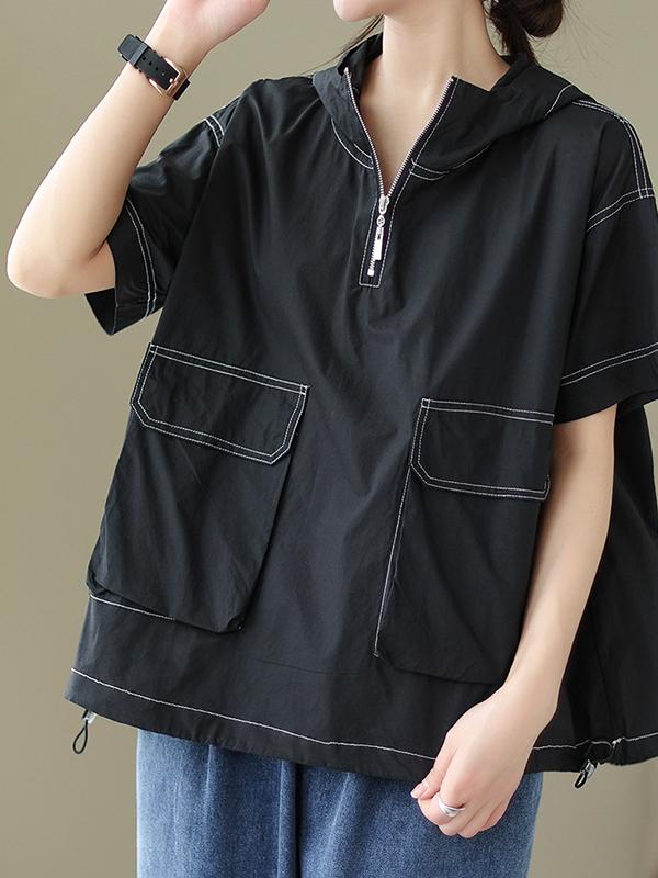 Loose Short Sleeves Zipper Hooded T-Shirts Tops Product Image