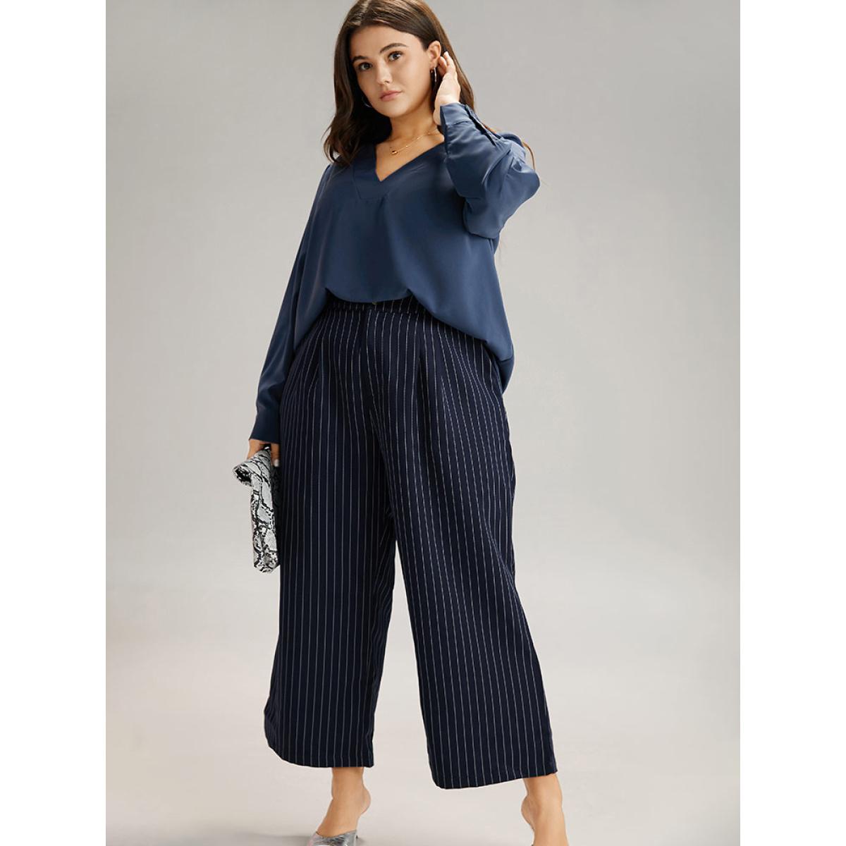 Plus Size Indigo Solid V Neck Button Up Pleated Blouse Women Office Long Sleeve V-neck Office Blouses BloomChic 14-16/1X Product Image