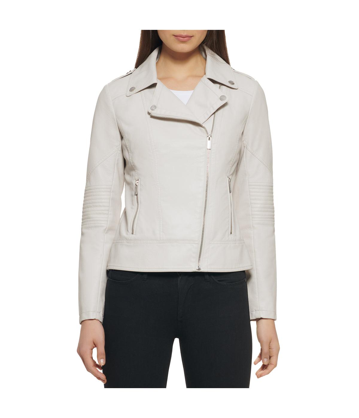 Faux Leather Asymmetrical Moto Jacket Stone Product Image