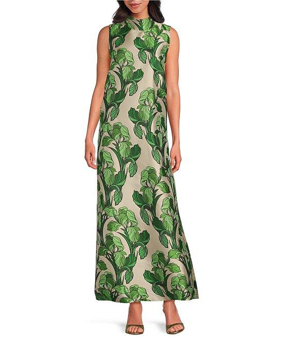Buru Maxi Mod Printed Brocade Mock Neck Sleeveless Shift Maxi Dress Product Image