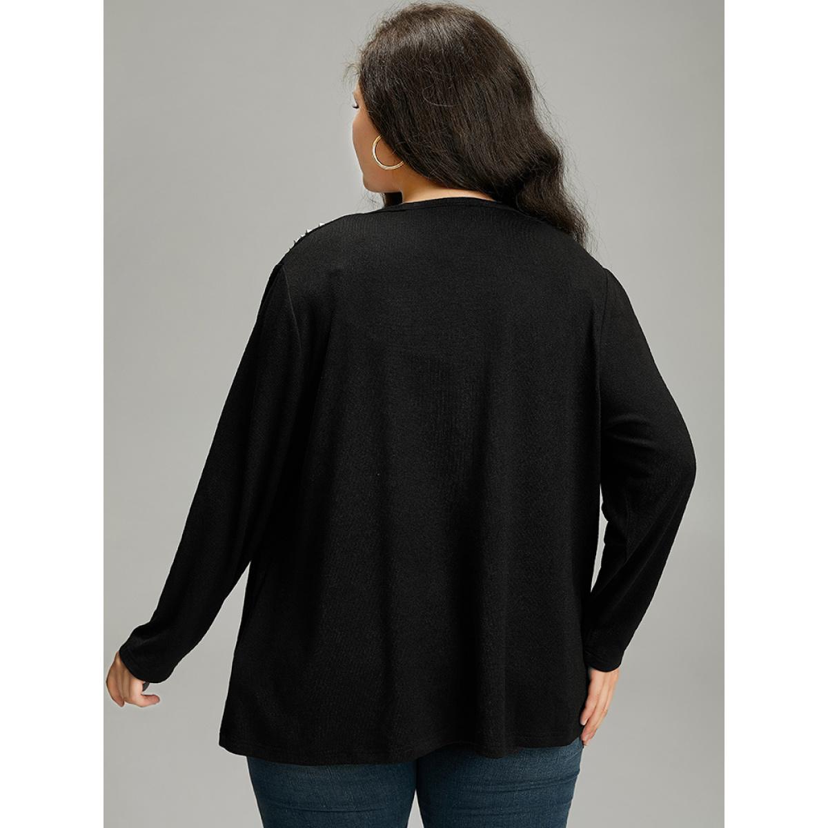 Plus Size Plain Rivets Detail Open Front Asymmetrical Hem Kimono Women Black Work From Home Texture Work Kimonos BloomChic 12/L Product Image