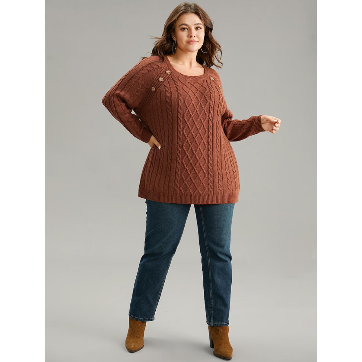 Plus Size Button Detail Cable Knit Raglan Sleeve Pullover Rust Women Casual Loose Long Sleeve Round Neck Dailywear Pullovers BloomChic 18-20/2X Product Image