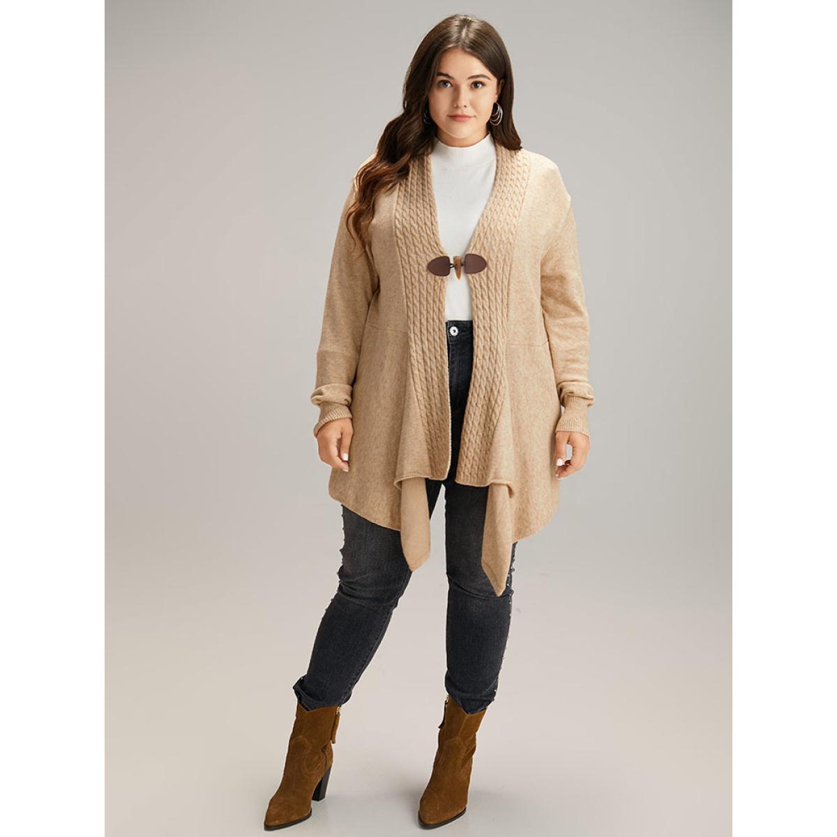 Plus Size Supersoft Essentials Textured Asymmetrical Duffle Button Cardigan Tan Women Casual Loose Long Sleeve Dailywear Cardigans BloomChic 14-16/1X Product Image