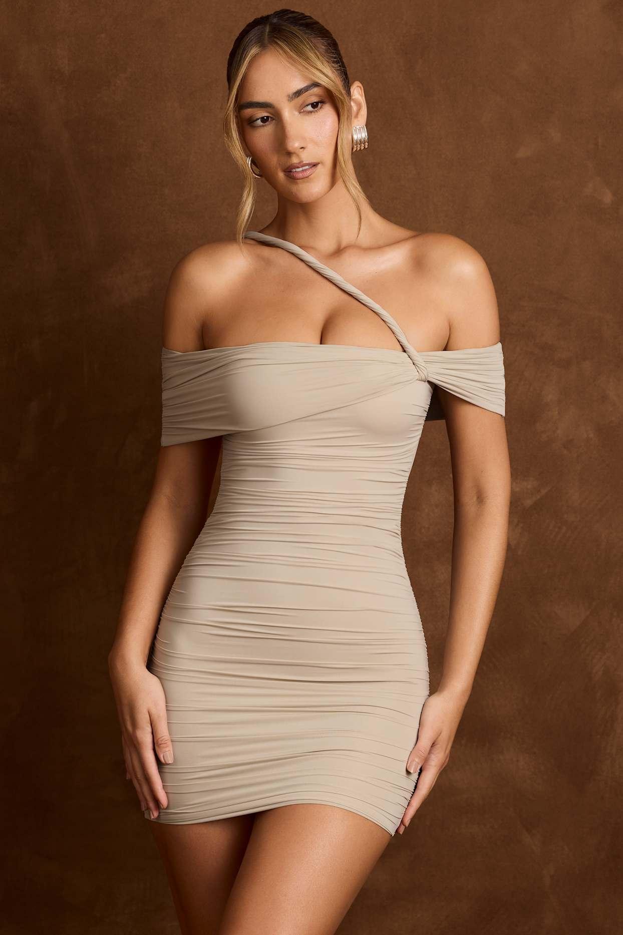 Off-Shoulder Draped Mini Dress in Taupe Product Image