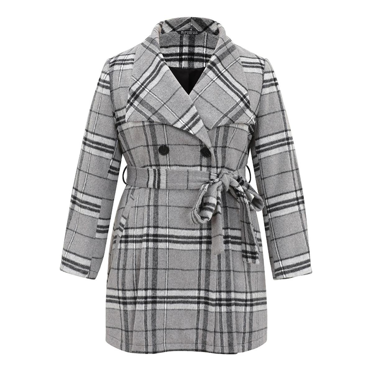 Plus Size Plaid Button Up Pocket Belted Lapel Collar Coat Women Black Casual Lined Ladies Dailywear Winter Coats BloomChic 12/L Product Image