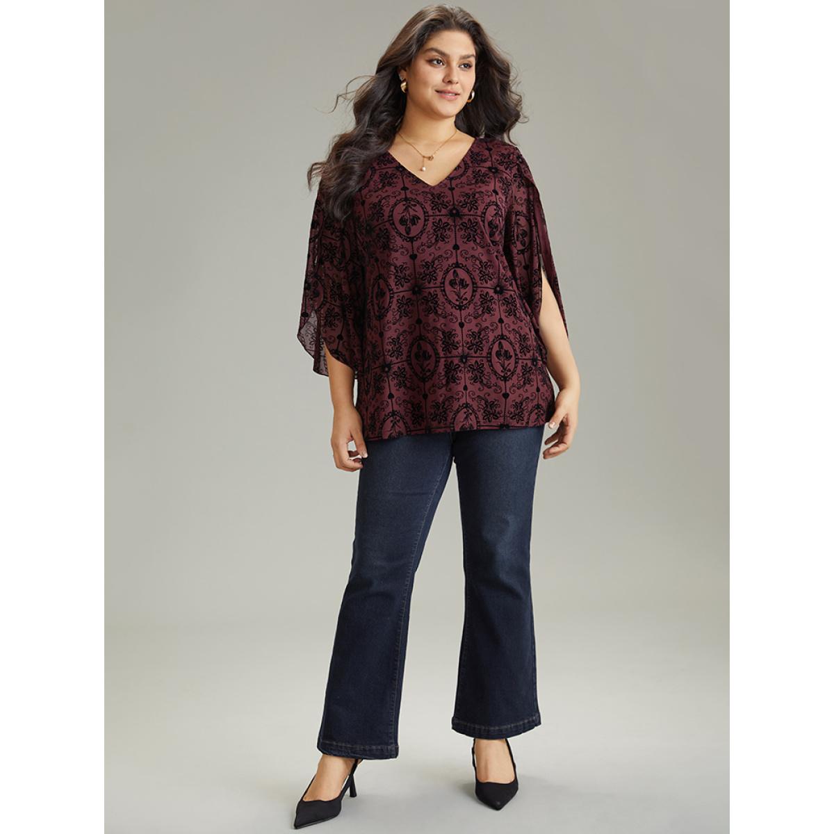 Plus Size Scarlet Silhouette Floral Print V Neck Petal Sleeve Blouse Women Elegant Elbow-length sleeve V-neck Dailywear Blouses BloomChic 22-24/3X Product Image