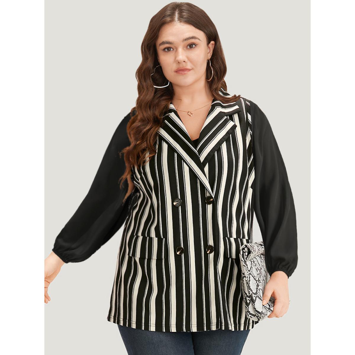 Plus Size Halloween Striped Pocket Double Breasted Lapel Collar Sleeveless Blazer Black Women Office Striped Contrast Sleeveless Sleeveless Lapel Collar 26/4X Pocket Office Blazers BloomChic Product Image