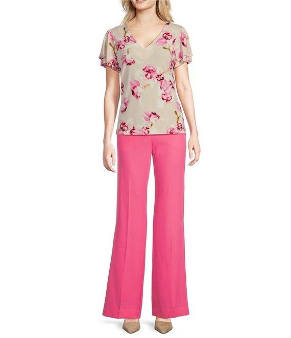 Calvin Klein Floral Matte Jersey V-Neck Flutter Short Sleeve Top Product Image