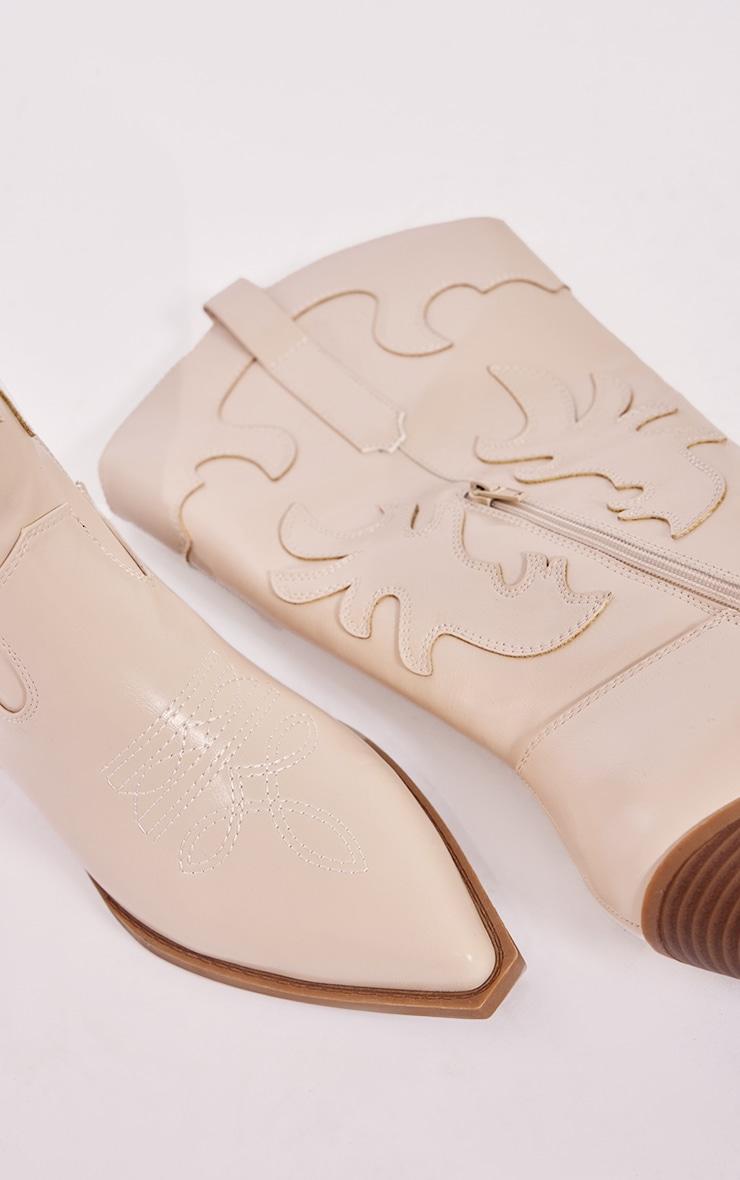 Cream Pu Point Toe Low Block Heel Stitched Western Boots Product Image
