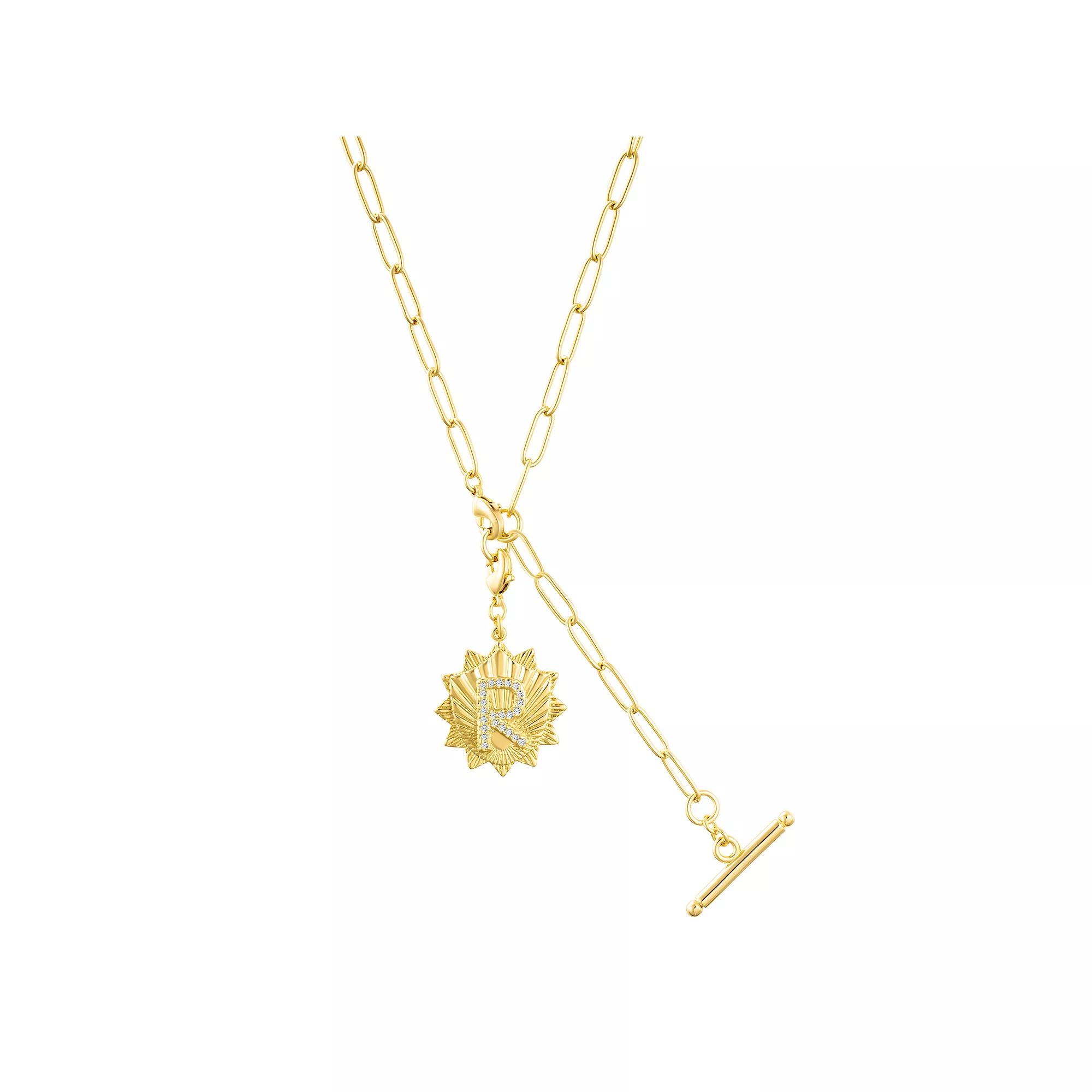 Adornia Gold Tone Adjustable Paperclip & Cubic Zirconia Initial Medallion Lariat Necklace, Womens Gold Tone R Product Image