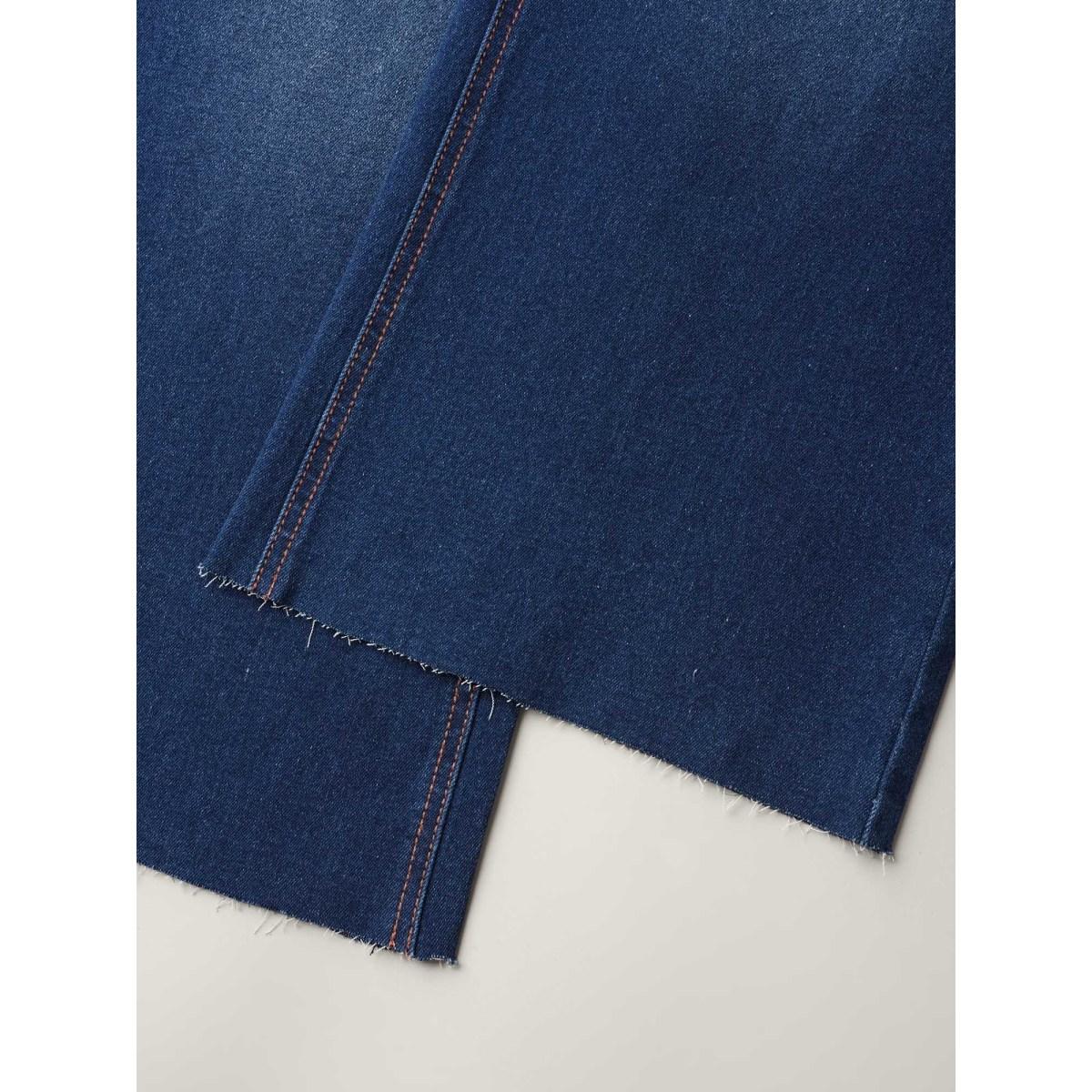 Plus Size Loose Frayed Hem Crop Jeans Women Denimindigo Casual Button Medium stretch Slanted pocket Jeans BloomChic 18/2X Product Image