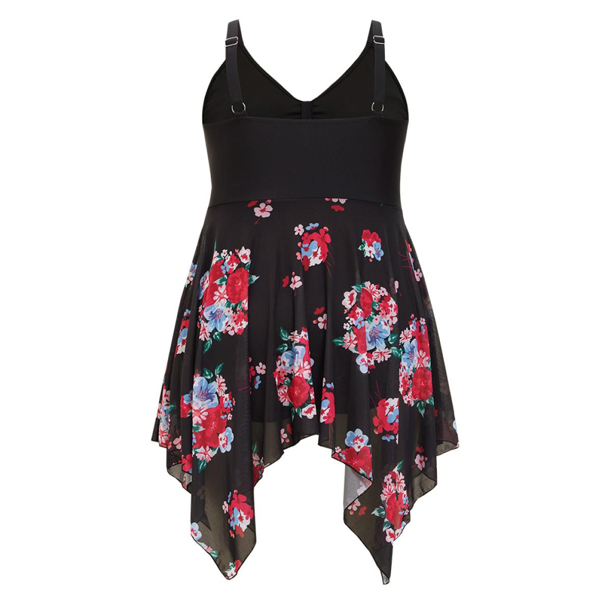 Plus Size Floral Cut Out Drawstring Hanky Hem Knotted Swim Dress Women's Swimwear BlackFlower Vacation Bodycon V-neck High stretch Curve Swim Dresses BloomChic 10/M Product Image