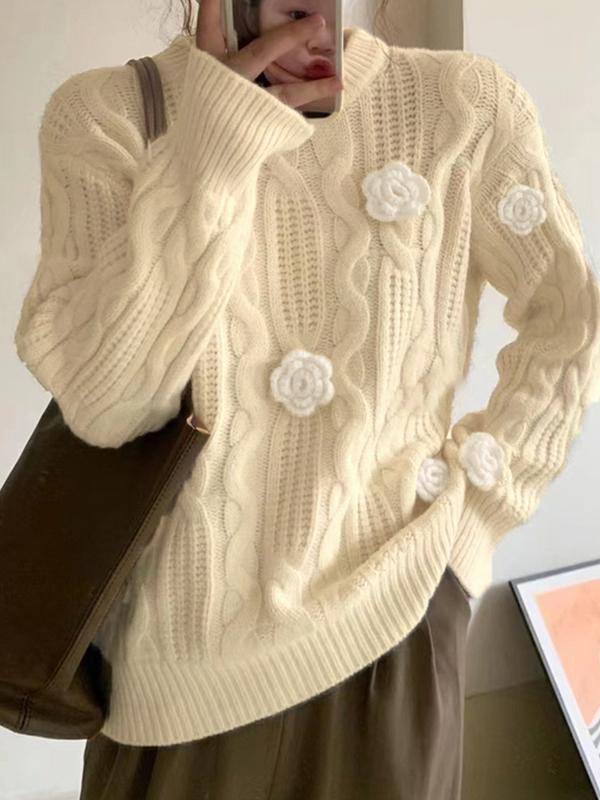Three Dimensional Rose Crochet Cable Knit Sweater Product Image