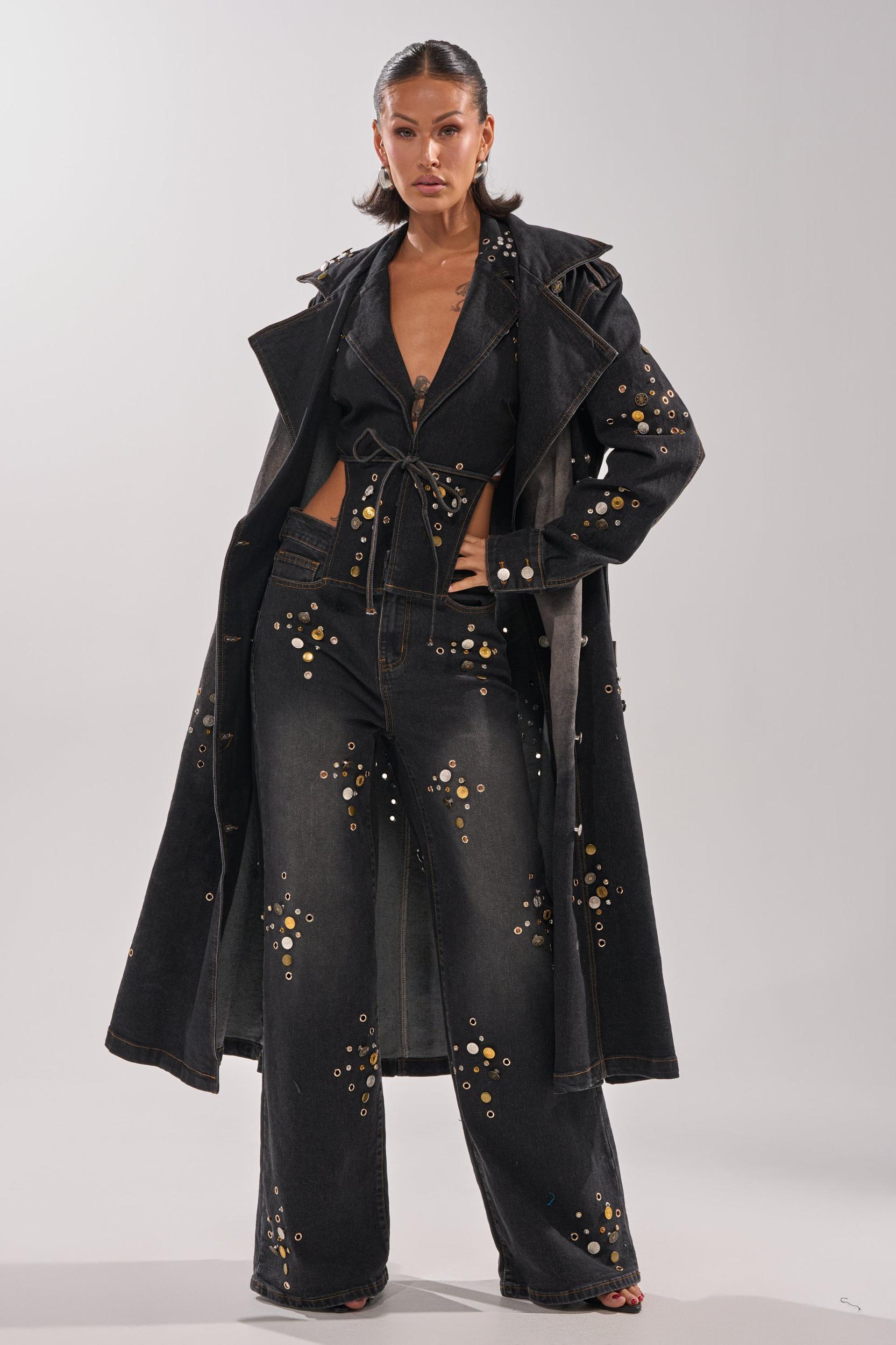 SPACE AND TIME STUDDED DENIM TRENCH Product Image