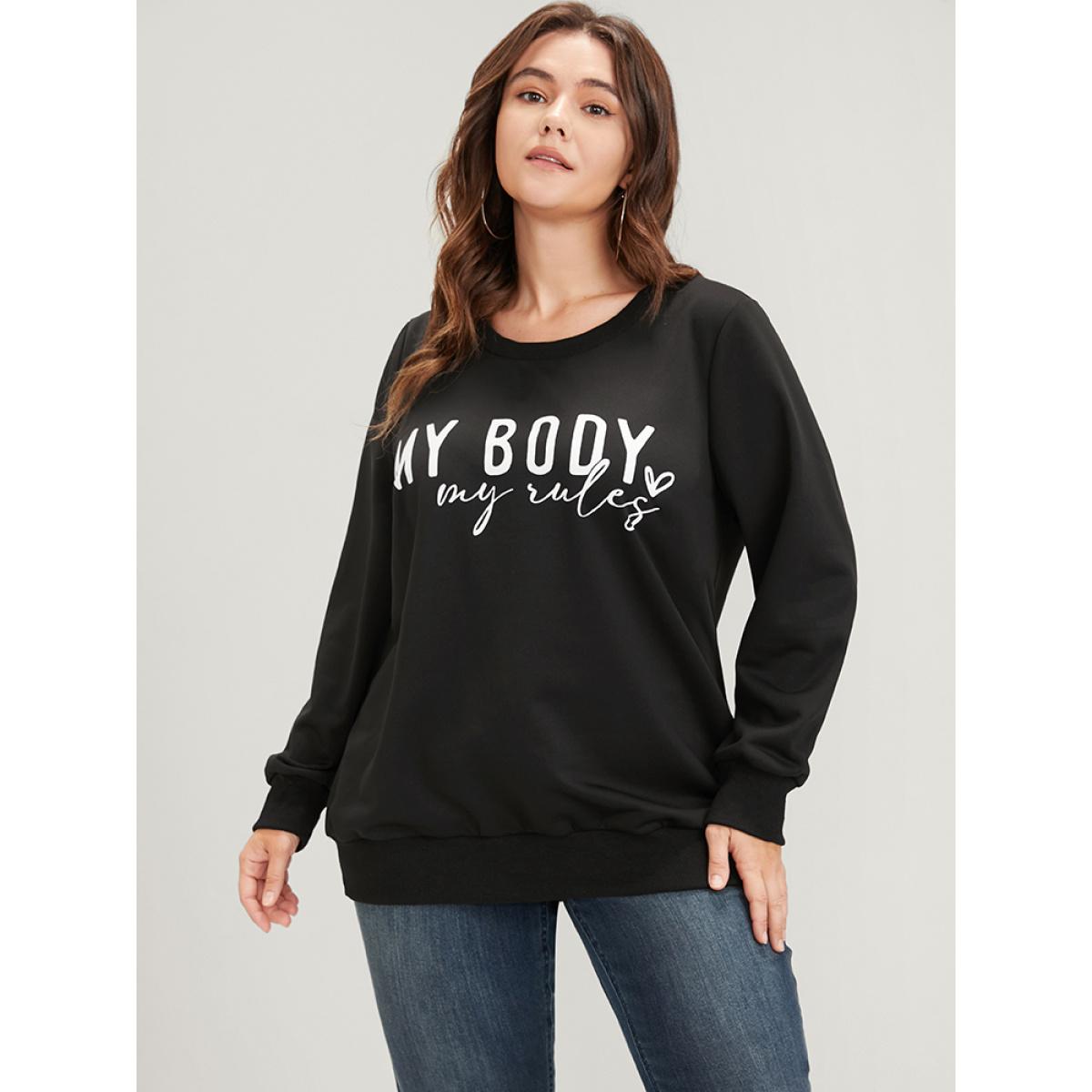 Plus Size Letter Print Drop Shoulder Sweatshirt Women Black Casual Printed Round Neck Dailywear Sweatshirts BloomChic 30/6X Product Image