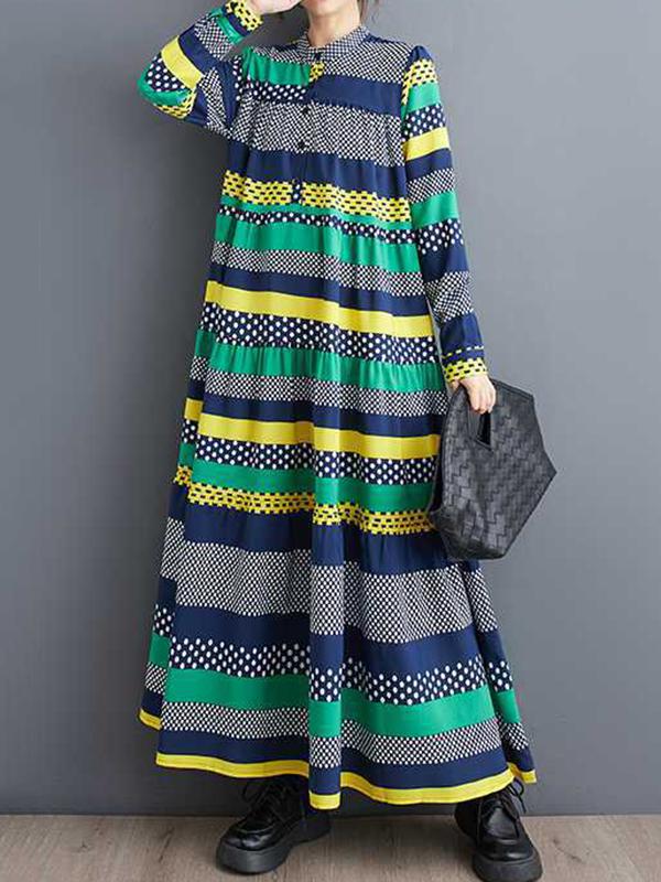 A-Line Long Sleeves Buttoned Polka-Dot Split-Joint Round-Neck Midi Dresses Product Image