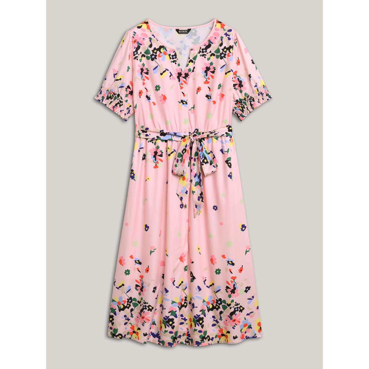 Plus Size Floral Print Elastic Cuffs Belted Midi Dress Crepe Women Flat collar with V-notch Short sleeve Curvy BloomChic 12/L Product Image