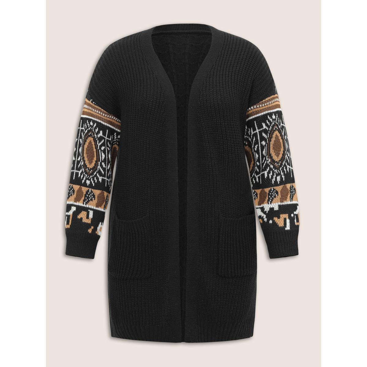 Plus Size Geometric Jacquard Patchwork Split Hem Cardigan Black Women Casual Loose Long Sleeve Everyday Cardigans BloomChic 14-16/1X Product Image