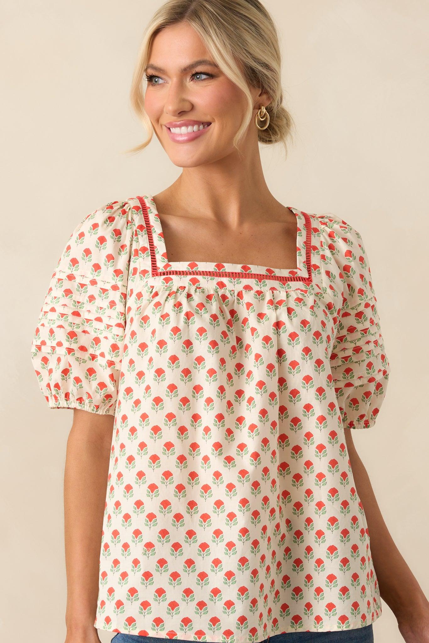 Right Where You Are Red Floral Cotton Puff Sleeve Top Product Image